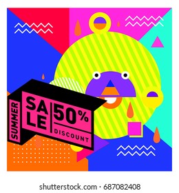 Summer sale memphis style web banner. Fashion and travel discount poster. Vector holiday Abstract colorful illustration with special offer and promotion.