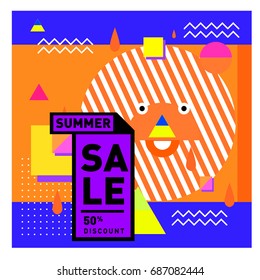 Summer sale memphis style web banner. Fashion and travel discount poster. Vector holiday Abstract colorful illustration with special offer and promotion.