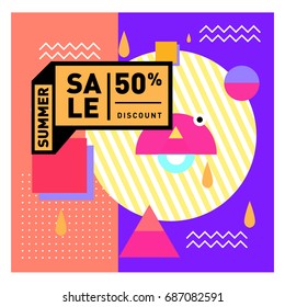 Summer sale memphis style web banner. Fashion and travel discount poster. Vector holiday Abstract colorful illustration with special offer and promotion.