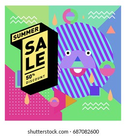 Summer sale memphis style web banner. Fashion and travel discount poster. Vector holiday Abstract colorful illustration with special offer and promotion.