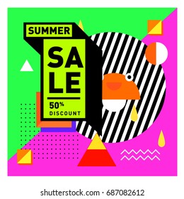 Summer sale memphis style web banner. Fashion and travel discount poster. Vector holiday Abstract colorful illustration with special offer and promotion.