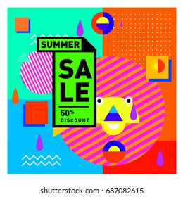 Summer sale memphis style web banner. Fashion and travel discount poster. Vector holiday Abstract colorful illustration with special offer and promotion.