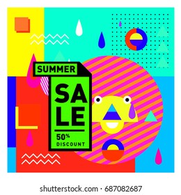 Summer sale memphis style web banner. Fashion and travel discount poster. Vector holiday Abstract colorful illustration with special offer and promotion.