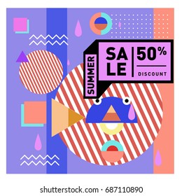 Summer sale memphis style web banner. Fashion and travel discount poster. Vector holiday Abstract colorful illustration with special offer and promotion.