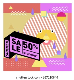Summer sale memphis style web banner. Fashion and travel discount poster. Vector holiday Abstract colorful illustration with special offer and promotion.