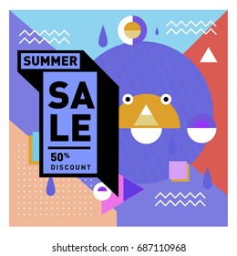 Summer sale memphis style web banner. Fashion and travel discount poster. Vector holiday Abstract colorful illustration with special offer and promotion.