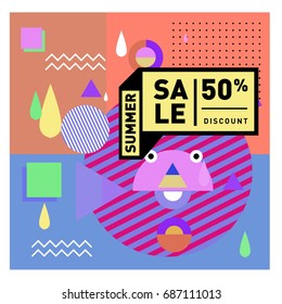 Summer sale memphis style web banner. Fashion and travel discount poster. Vector holiday Abstract colorful illustration with special offer and promotion.
