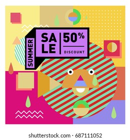 Summer sale memphis style web banner. Fashion and travel discount poster. Vector holiday Abstract colorful illustration with special offer and promotion.