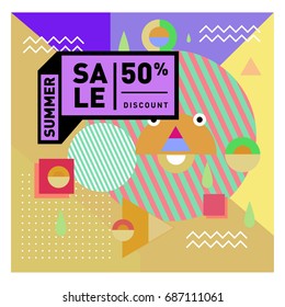 Summer sale memphis style web banner. Fashion and travel discount poster. Vector holiday Abstract colorful illustration with special offer and promotion.