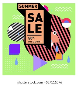 Summer sale memphis style web banner. Fashion and travel discount poster. Vector holiday Abstract colorful illustration with special offer and promotion.