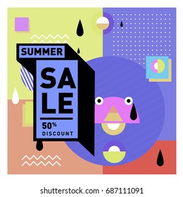 Summer sale memphis style web banner. Fashion and travel discount poster. Vector holiday Abstract colorful illustration with special offer and promotion.