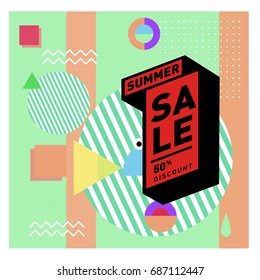 Summer sale memphis style web banner. Fashion and travel discount poster. Vector holiday Abstract colorful illustration with special offer and promotion.