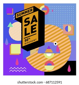 Summer sale memphis style web banner. Fashion and travel discount poster. Vector holiday Abstract colorful illustration with special offer and promotion.