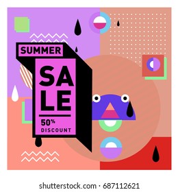 Summer sale memphis style web banner. Fashion and travel discount poster. Vector holiday Abstract colorful illustration with special offer and promotion.