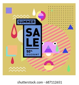 Summer sale memphis style web banner. Fashion and travel discount poster. Vector holiday Abstract colorful illustration with special offer and promotion.