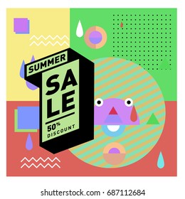 Summer sale memphis style web banner. Fashion and travel discount poster. Vector holiday Abstract colorful illustration with special offer and promotion.