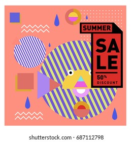 Summer sale memphis style web banner. Fashion and travel discount poster. Vector holiday Abstract colorful illustration with special offer and promotion.