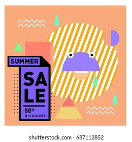 Summer sale memphis style web banner. Fashion and travel discount poster. Vector holiday Abstract colorful illustration with special offer and promotion.