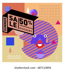 Summer sale memphis style web banner. Fashion and travel discount poster. Vector holiday Abstract colorful illustration with special offer and promotion.