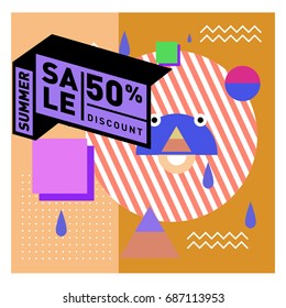 Summer sale memphis style web banner. Fashion and travel discount poster. Vector holiday Abstract colorful illustration with special offer and promotion.