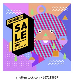 Summer sale memphis style web banner. Fashion and travel discount poster. Vector holiday Abstract colorful illustration with special offer and promotion.