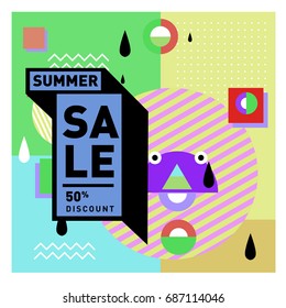 Summer sale memphis style web banner. Fashion and travel discount poster. Vector holiday Abstract colorful illustration with special offer and promotion.
