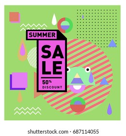 Summer sale memphis style web banner. Fashion and travel discount poster. Vector holiday Abstract colorful illustration with special offer and promotion.