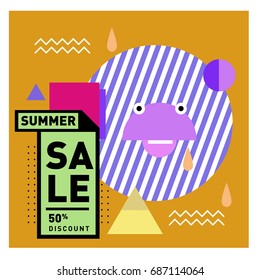 Summer sale memphis style web banner. Fashion and travel discount poster. Vector holiday Abstract colorful illustration with special offer and promotion.