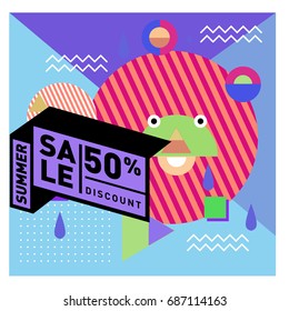 Summer sale memphis style web banner. Fashion and travel discount poster. Vector holiday Abstract colorful illustration with special offer and promotion.