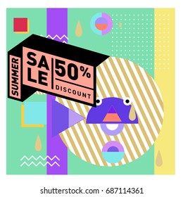 Summer sale memphis style web banner. Fashion and travel discount poster. Vector holiday Abstract colorful illustration with special offer and promotion.