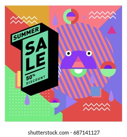 Summer sale memphis style web banner. Fashion and travel discount poster. Vector holiday Abstract colorful illustration with special offer and promotion.