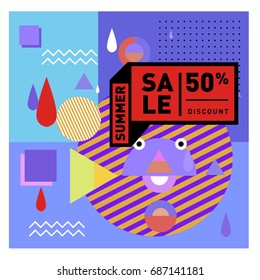 Summer sale memphis style web banner. Fashion and travel discount poster. Vector holiday Abstract colorful illustration with special offer and promotion.