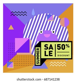 Summer sale memphis style web banner. Fashion and travel discount poster. Vector holiday Abstract colorful illustration with special offer and promotion.