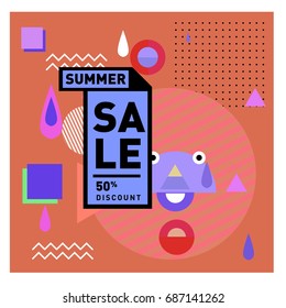Summer sale memphis style web banner. Fashion and travel discount poster. Vector holiday Abstract colorful illustration with special offer and promotion.