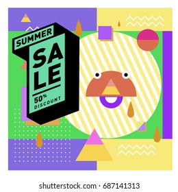 Summer sale memphis style web banner. Fashion and travel discount poster. Vector holiday Abstract colorful illustration with special offer and promotion.