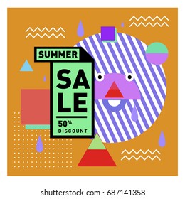Summer sale memphis style web banner. Fashion and travel discount poster. Vector holiday Abstract colorful illustration with special offer and promotion.