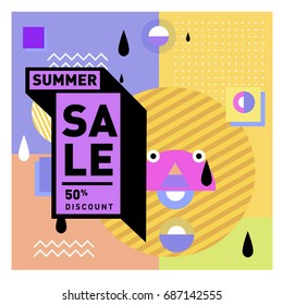 Summer sale memphis style web banner. Fashion and travel discount poster. Vector holiday Abstract colorful illustration with special offer and promotion.
