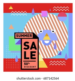 Summer sale memphis style web banner. Fashion and travel discount poster. Vector holiday Abstract colorful illustration with special offer and promotion.