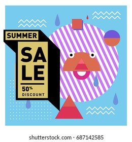 Summer sale memphis style web banner. Fashion and travel discount poster. Vector holiday Abstract colorful illustration with special offer and promotion.