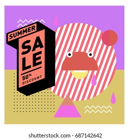 Summer sale memphis style web banner. Fashion and travel discount poster. Vector holiday Abstract colorful illustration with special offer and promotion.