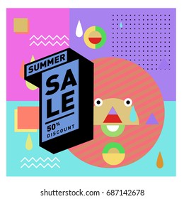 Summer sale memphis style web banner. Fashion and travel discount poster. Vector holiday Abstract colorful illustration with special offer and promotion.