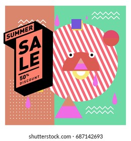 Summer sale memphis style web banner. Fashion and travel discount poster. Vector holiday Abstract colorful illustration with special offer and promotion.