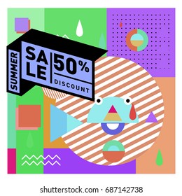 Summer sale memphis style web banner. Fashion and travel discount poster. Vector holiday Abstract colorful illustration with special offer and promotion.