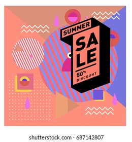 Summer sale memphis style web banner. Fashion and travel discount poster. Vector holiday Abstract colorful illustration with special offer and promotion.