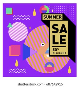 Summer sale memphis style web banner. Fashion and travel discount poster. Vector holiday Abstract colorful illustration with special offer and promotion.