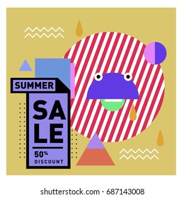 Summer sale memphis style web banner. Fashion and travel discount poster. Vector holiday Abstract colorful illustration with special offer and promotion.