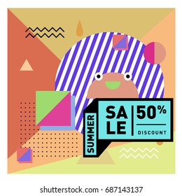 Summer sale memphis style web banner. Fashion and travel discount poster. Vector holiday Abstract colorful illustration with special offer and promotion.