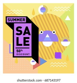 Summer sale memphis style web banner. Fashion and travel discount poster. Vector holiday Abstract colorful illustration with special offer and promotion.