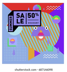 Summer sale memphis style web banner. Fashion and travel discount poster. Vector holiday Abstract colorful illustration with special offer and promotion.