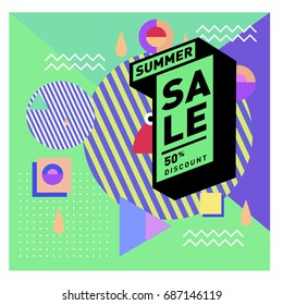 Summer sale memphis style web banner. Fashion and travel discount poster. Vector holiday Abstract colorful illustration with special offer and promotion.